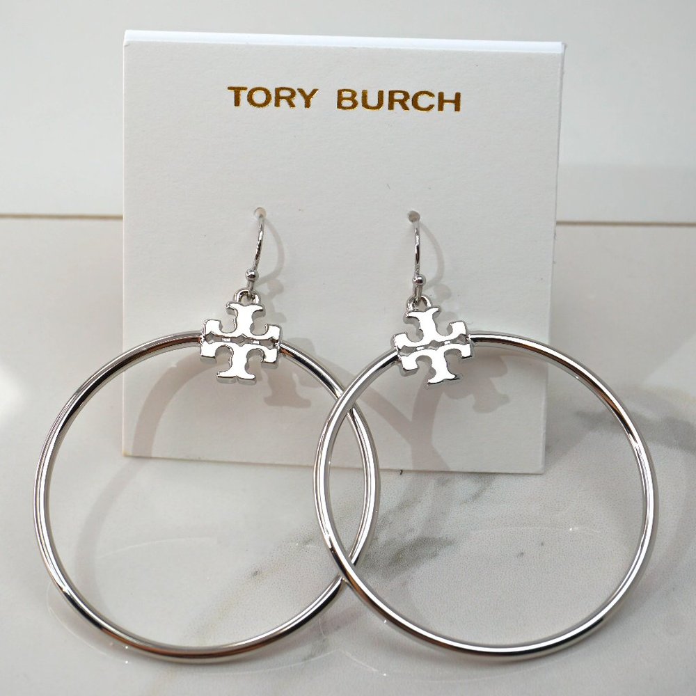 Tory Burch Stacked-T Logo Hoop Earrings in Silver (NWT)